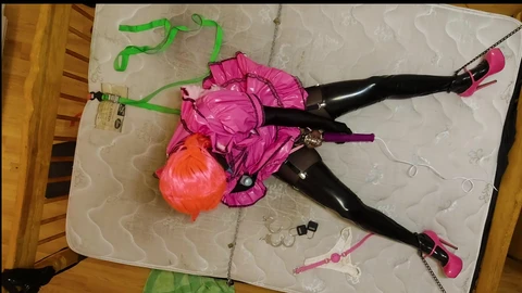 Sissy Maid finishes off in chastity During Self restrain bondage Chained to Bed