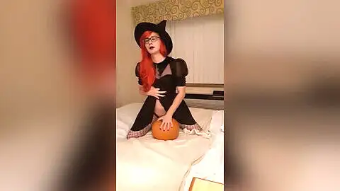Fucking a pumpkin, redhead teen crossdresser
