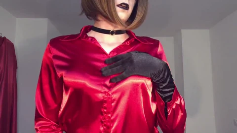 Crossdresser jerking in shiny black satin clothes and red satin top