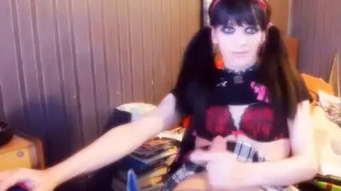 Goth shemale solo, cum eating solo