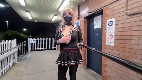 Disguised sissy exposes herself at the train station