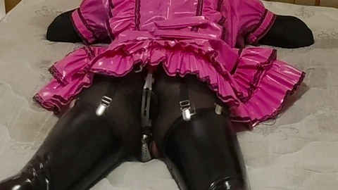 Sissy Maid chained to couch in purity, Gagged and Leather Bondage Mitts Handcuffed on