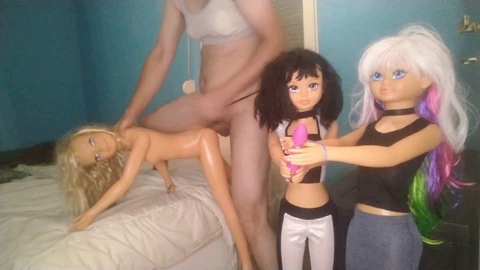 I indulge in doll play while my two lovely ladies make me explode with a vibrating sensation